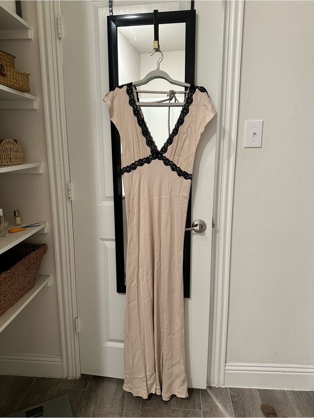 Women's Cream Maxi Dress with Black Lace Trim
